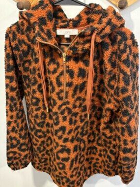 Loft Coze Leopard Print Sherpa Sweater 1/4 zip Size Large